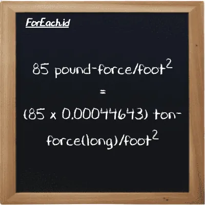How to convert pound-force/foot<sup>2</sup> to ton-force(long)/foot<sup>2</sup>: 85 pound-force/foot<sup>2</sup> (lbf/ft<sup>2</sup>) is equivalent to 85 times 0.00044643 ton-force(long)/foot<sup>2</sup> (LT f/ft<sup>2</sup>)